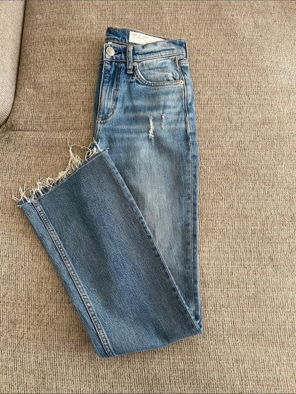 rag & bone Distressed Light Blue Flare Jeans with Frayed Hem